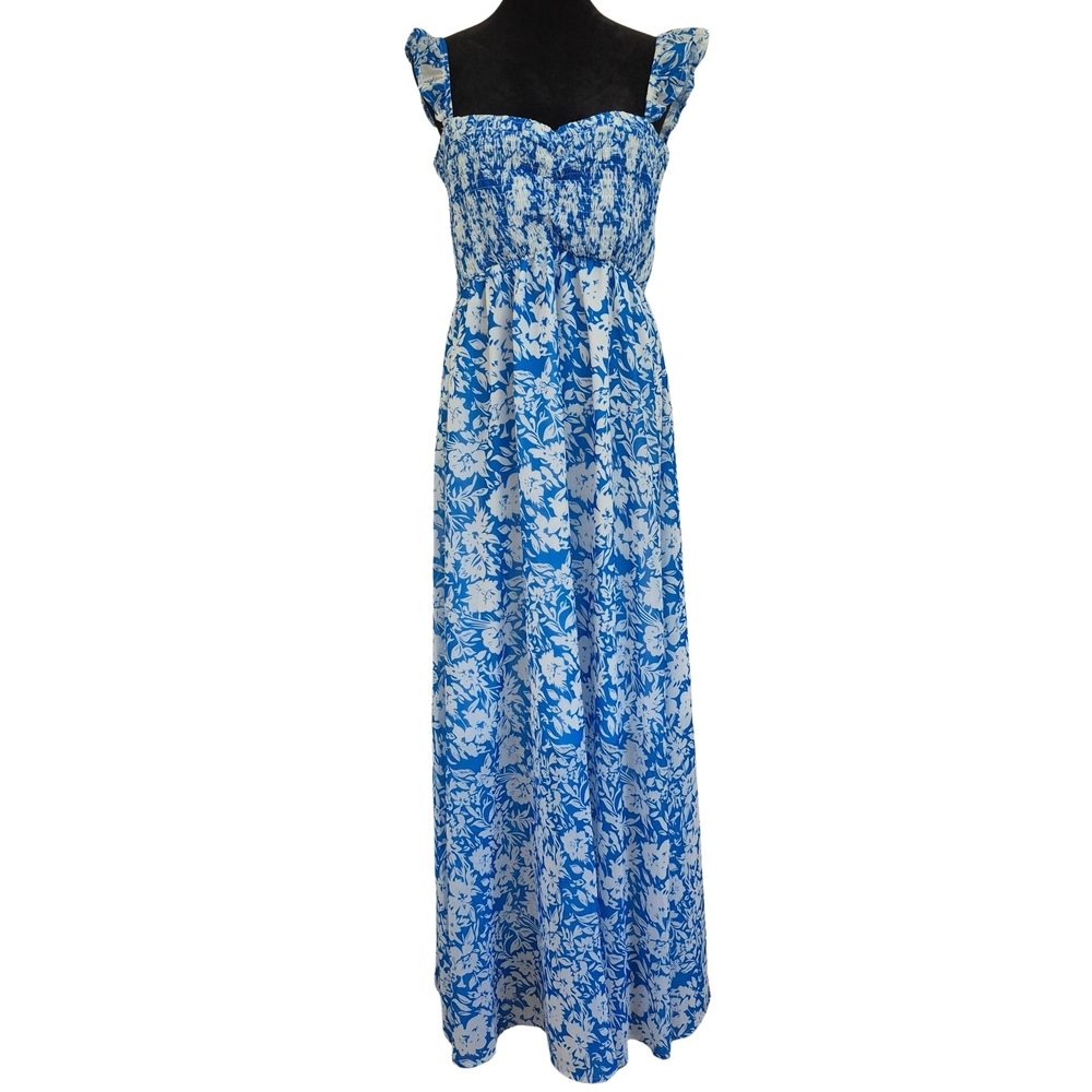 Blue & White Floral Print Smocked Bodice Flutter Sleeve Maxi Dress